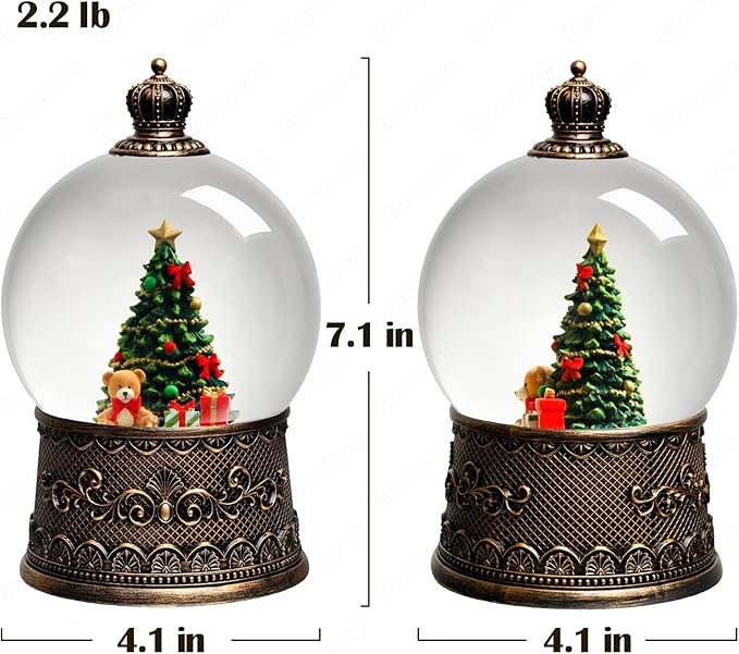 Christmas Tree Snow Globe Christmas Decorations Indoor Gifts Auto Snowfall Glitter Music Collection Teddy Bear Gift Box with 6H Timer USB/Battery Powered 105mm Globe