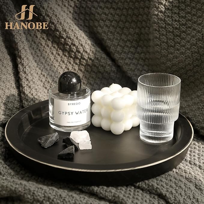 Hanobe Candle Plate Holder Tray: Round Wood Decorative Candle Plate - Rustic Farmhouse Coffee Table Decor - Tealight Pillar Trays for Home Decor (Black)