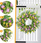 Spring Summer Wreaths for Front Door,22 Inch Artificial Purple Tulip Wreath with Wildflowers,Eucalyptus Leaves for Indoor Outdoor Wall Porch Festival Farmhouse Home Holiday Decor.