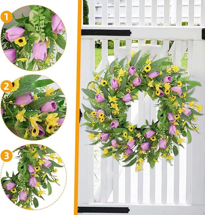 Spring Summer Wreaths for Front Door,22 Inch Artificial Purple Tulip Wreath with Wildflowers,Eucalyptus Leaves for Indoor Outdoor Wall Porch Festival Farmhouse Home Holiday Decor.