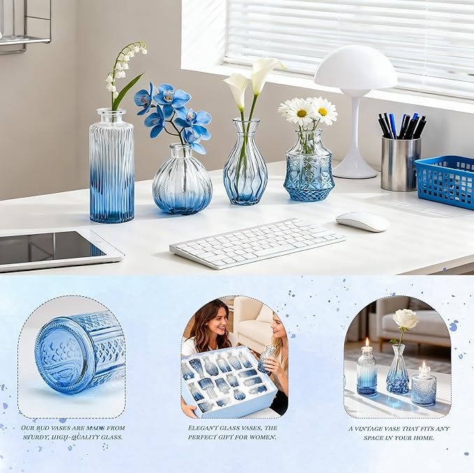 Der Rose Glass Bud Vases Set of 32 Small Blue Flower Vases for Rustic Wedding Centerpieces Table Decorations and Home Office Decor(Blue)