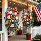 2 Pack 21'' Patriotic Teardrop Swag Wreaths for Cabinets Artificial 4th of July Swag Wreath with White Roses Red Blue Spike Flowers Eucalyptus Leaves for Independence Day Memorial Day Front Door Porch