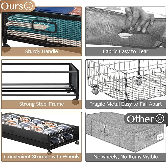 Under Bed Storage with Wheels,2 Pack Under Bed Storage Containers with Clear Lids,Under the bed storage Organizer Bins, Large Rolling Under Bed Metal Drawer for Clothes,Shoes,Blankets
