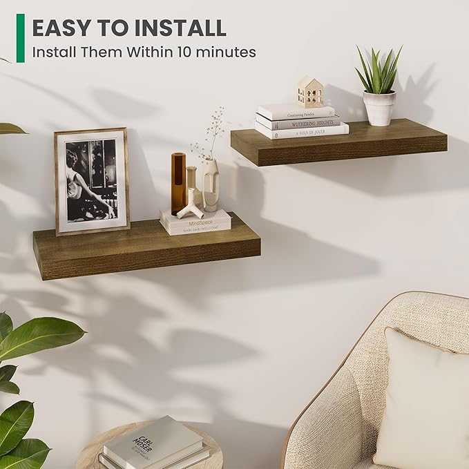 Solid Wood Floating Shelves For Wall, 24”W x 9”D x 1.56”H Large Wall Shelves for Living Room Bedroom Bathroom Kitchen Drcor Storage with Invisible Heavy-Duty Metal Bracket, Light Brown, Set of 2