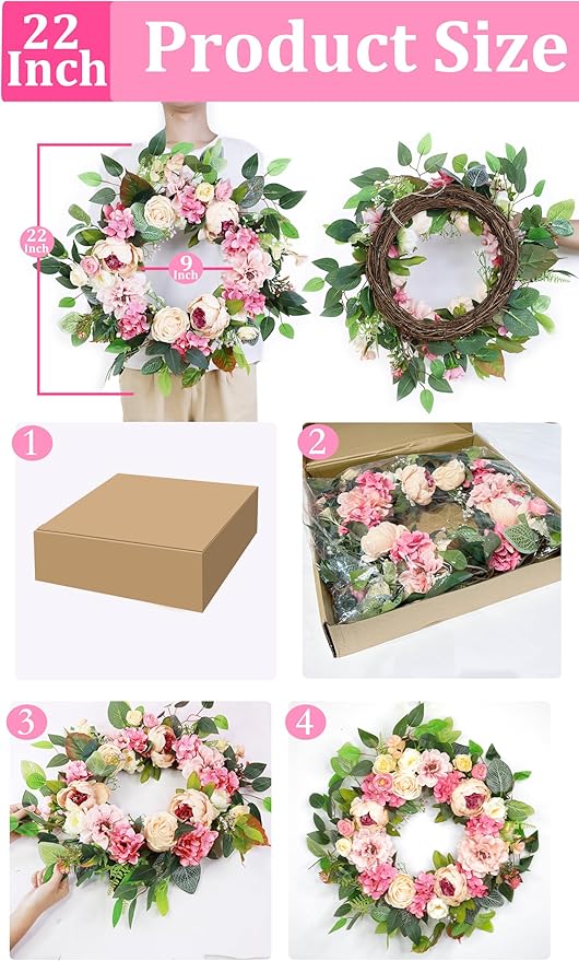 [Lighted & Timer] 22" Spring Summer Wreaths for Front Door Peony Wreath with Lights Pink Silk Flower Hydrangea Rose Green Leaves Floral Wreath for Home Wall Window Wedding Party Indoor Outdoor Decor