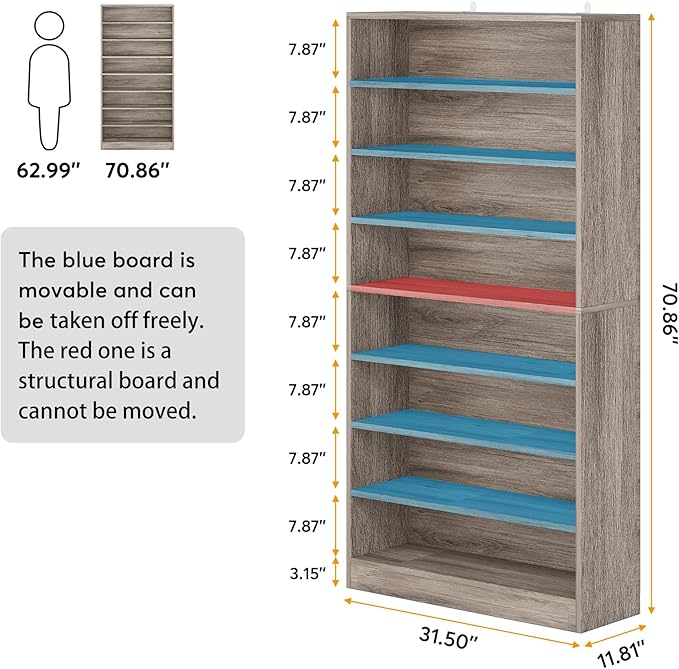 Tribesigns Tall Shoe Cabinet, 9 Tiers 40-45 Pairs Heavy Duty Wood Freestanding Shoe Storage Cabinet, 70.8'' Tall Shoe Cabinet with Open Storage for Entryway (1, Beige Gray)