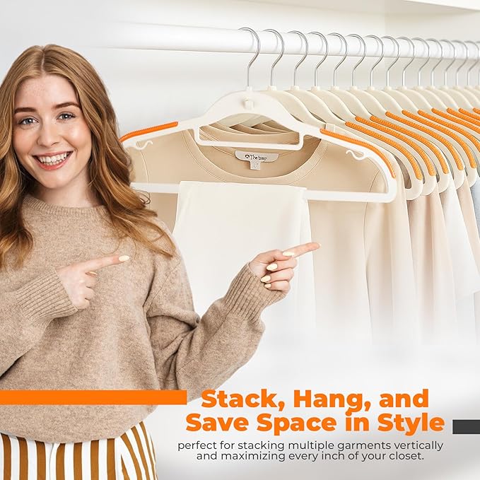 Lightweight White Plastic Hangers 10 Pack with Cascading Hook, Space Saving Thin, Closet Organizer, Orange Anti-Slip Pads, 360° Swivel, Tie Holder