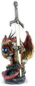Ain't It Nice Dragon Statue with Medieval Sword and Crystal Ball - Collectible Dragon Figurine, Red - 4(L) 3.5(W) 7(H) inches