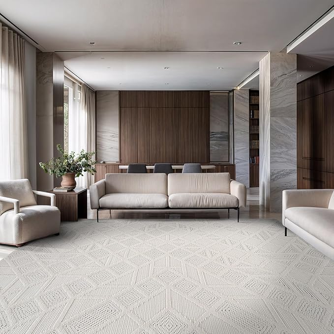 Modern Micro Loop Indoor Area Rugs for Living Room Bedroom Kitchen Geometric Square White 9x12 Luxury Durable Low and High Pile Non-Shedding Stain Resistant Soft Area Carpet 9 x 12