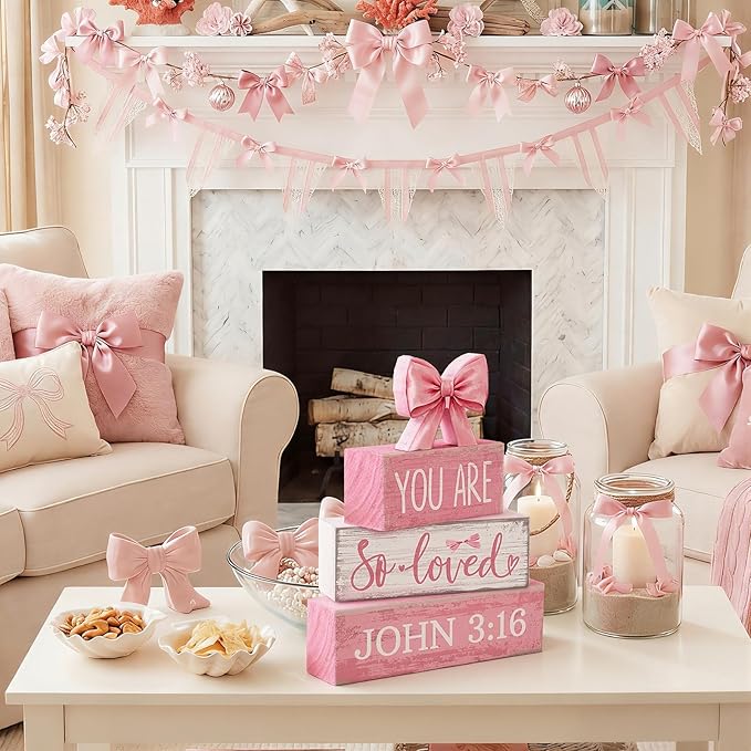Lineshading 4 Pcs Pink Bow Decor Christian Table Decor Wooden Block Signs Set "you Are So Loved John 3: 16” Inspirational Bible Verse Quotes Coquette Bow Centerpieces for Home Office Shelf Decorations