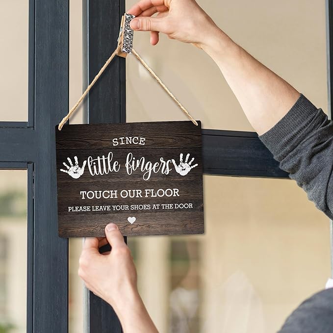 Wall Pediments Shoes Off Sign,Shoes Off Sign for Front Door,Since Little Fingers Touch Our Floor Door Sign,Shoes Off Hanging Welcome Sign for Front Door,6x12 Inches，Wood Grain-3