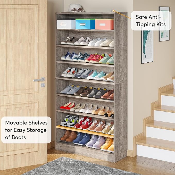 Tribesigns Tall Shoe Cabinet, 9 Tiers 40-45 Pairs Heavy Duty Wood Freestanding Shoe Storage Cabinet, 70.8'' Tall Shoe Cabinet with Open Storage for Entryway (1, Beige Gray)