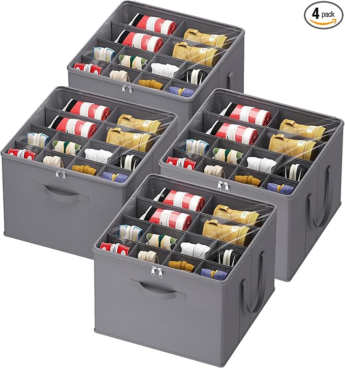 Lifewit Shoe Storage Organizer for Closet, Fabric Large Shoe Box Storage Containers with Clear Cover, Foldable Bins for Boots Heels Sneakers Fits 48-64 Pairs (Each 12-16 Pairs) 4 Pack Gray
