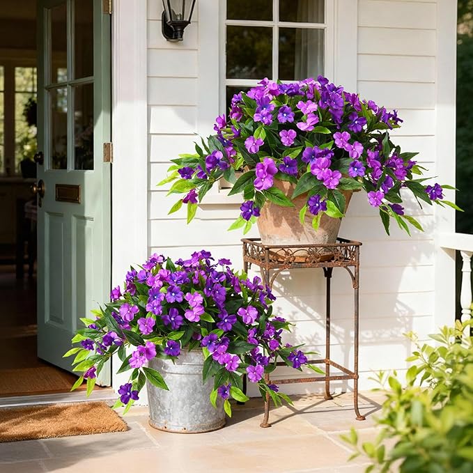 Artificial Fake Hanging Flowers Plants Basket for Outdoors Outside Decoration UV Resistant Faux Silk Flowers Look Real Plastic Flowers for Spring Planters Home Porch Patio Garden Decor(purple)