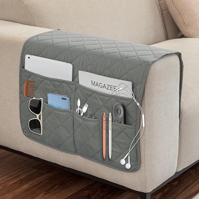 Remote Control Holder for Recliner, Armchair Caddy, Non Slip Sofa Armrest Organizer for Recliner Couch With 6 Pockets for TV Remote,Cell Phone,Magazine (Grey)