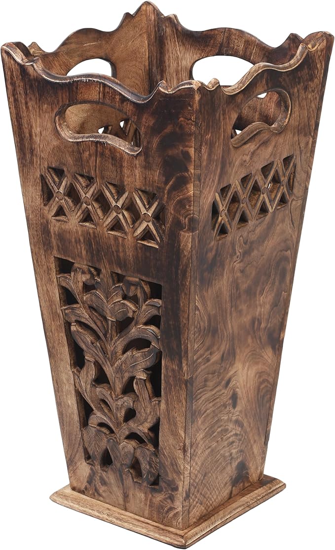 Antique Wooden Umbrella Stand & Walking Cane Holder for Home, Office & Entryway | Hand-Carved Solid Wood Umbrella & Cane Storage Rack | Size 21.5 x 8 x 8 in, Base 7.5 x 7.5 inches