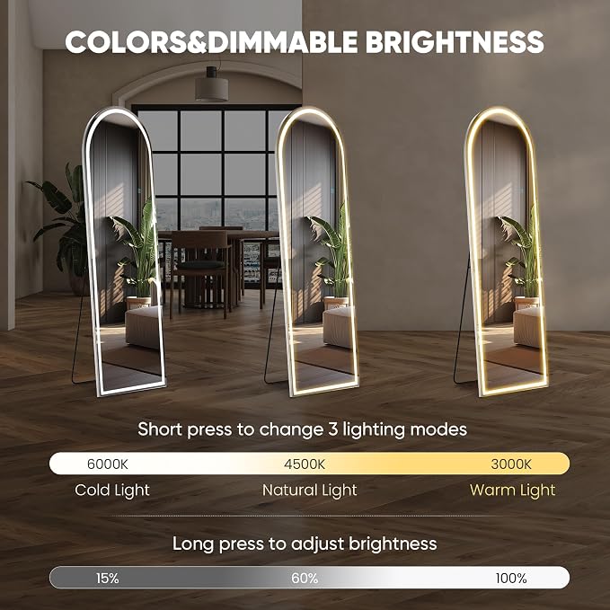 DUMOS Arched LED Mirror Full Length with Stand, 16"x60" Full Body Wall Mirror with LED Lights 3 Color Lighting, Hanging or Leaning, Floor Standing, Modern Simple Home Wall Decor