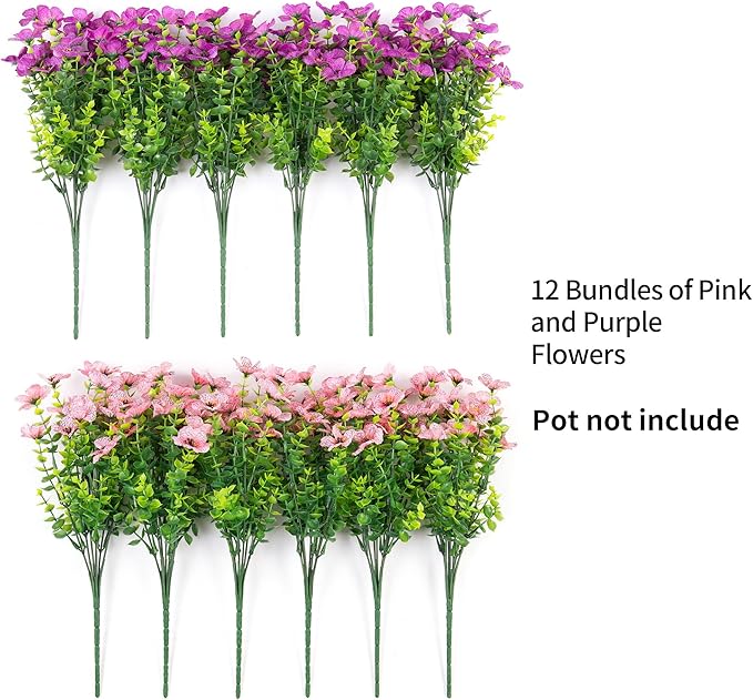 Artificial Fake Plants Flowers for Outdoor Spring Decor, 12 Bundles Faux Silk Mums for Planter Pot Colorful UV Resistant Look Real for Front Door Porch Patio Outside Yard(Purple Pink)