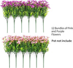 Artificial Fake Plants Flowers for Outdoor Spring Decor, 12 Bundles Faux Silk Mums for Planter Pot Colorful UV Resistant Look Real for Front Door Porch Patio Outside Yard(Purple Pink)