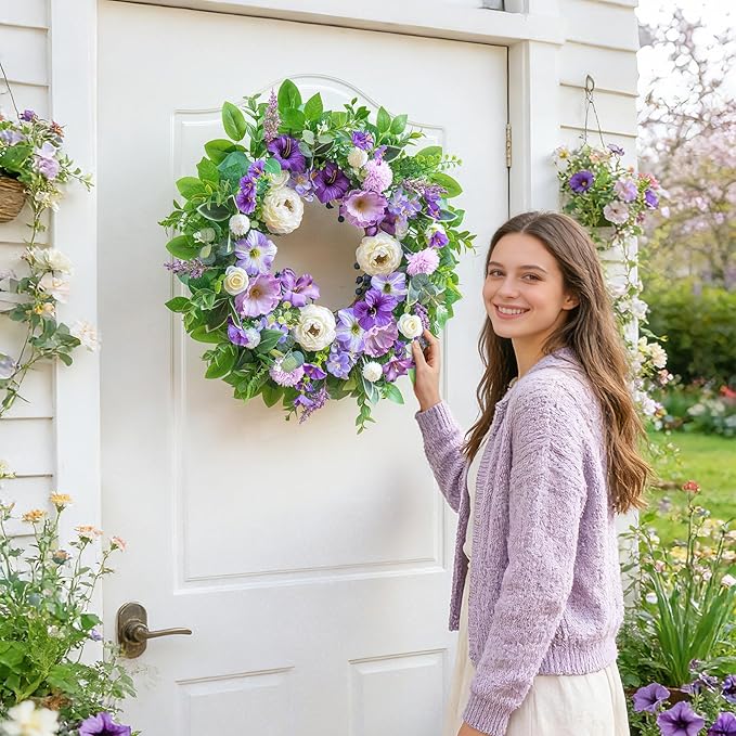 Spring Wreaths for Front Door Outside 24 Inch,Summer Wreath with Purple Morning Glory,Peony and Hydrangea,Spring Door Wreath for Indoor Outdoor Farmhouse Wall Proch Home Decor