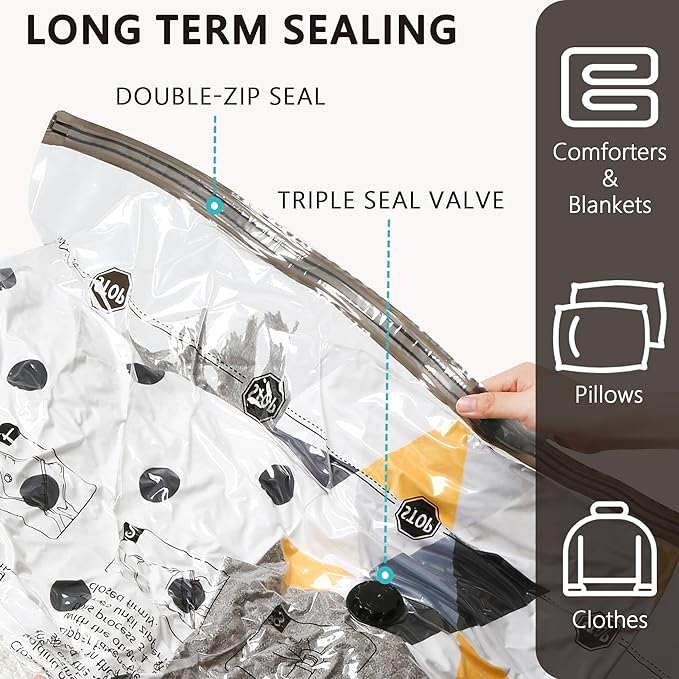 Vacuum Storage Bags, Compression Packing Space Saver Seal Bags for Clothing Bedding Comforters Blankets Pillows, 8 Large