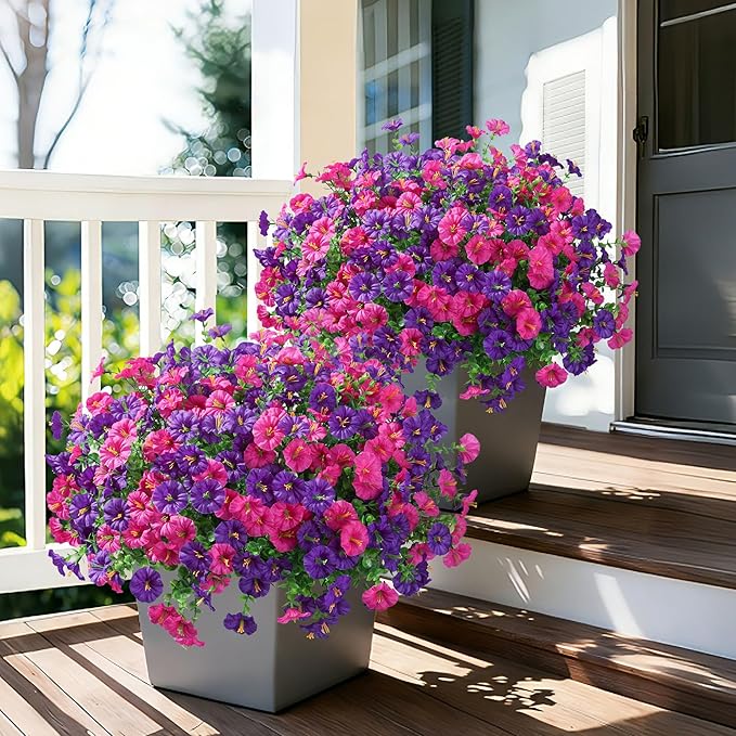 Ivydale 24 Bundles Artificial Flowers for Outdoors Spring Summer Porch Decor, Faux Petunias Plants Outdoor Realistic UV Resistant Silk Flowers for Outside Planters Patio Window Garden Yard Home