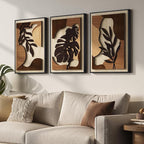 Framed Wood 3D Boho Textured Wall Art Bedroom, 3 Piece Tropical Botanical Carved Wooden Artwork for Walls, Brown Monstera Leaf Wood Wall Art Decor for Living Room Dining Room Home Office, 16x24 Inch