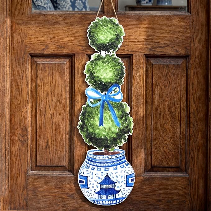RattanView Large Size Chinoiserie Bonsai Door Hanger Rustic Topiary Wooden Sign Front Door Home Wreath Ornament for Farmhouse Indoor Outdoor Yard Porch Welcome Decor(Fresh,31.5 x 9.65 in)