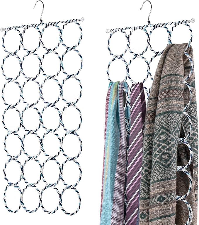 Flexzion Scarf Organizer for Closet - 28 Slot Scarf Hanger Hijab Organizer, Space Saver for Socks, Shawls, Ties, Towels, Belts, Multi Purpose Hanging Rack Storage, 2 Pack Colors May Vary