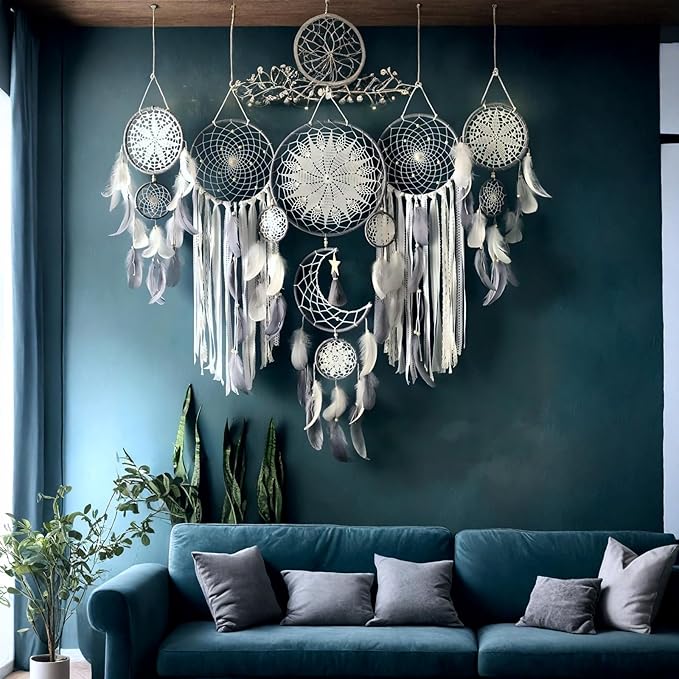 Dream Catcher Wall Decor,Large Boho Dream Catcher with Luxurious Feathers & Beads, Handmade Wall Hanging for Bedroom,Living Room, Gift Ready for Girls & Adults (Gray)