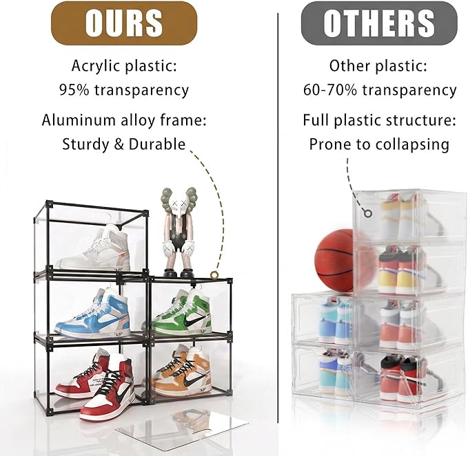 Magnetic Side Open Transparent Plastic Storage Shoe Box Clear Shoe Display Case Sneaker Shoe Storage Box Display Box Shoe Container Clear Closet Shelf Shoe Organizer (Black 8PC)