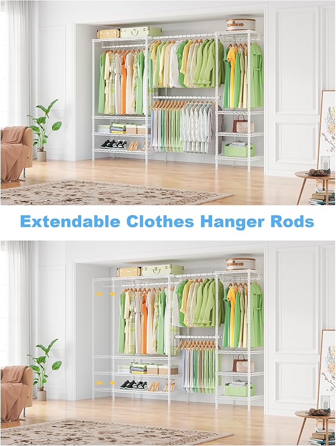 Ulif E11 Heavy-Duty Garment Rack, Metal Freestanding Clothes Rack and Closet Storage Organizer with 8 Shelves and 4 Hanger Rods, (73.2-97.6)" W x 14.5" D x 71.2" H, Load 1034 LBS, White