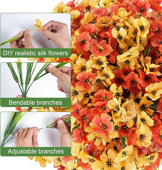 Artificial Fall Flowers for Outdoor Faux Plants for Spring Summer Decoration, UV Resistant Realistic Silk Plastic Fake Autumn Fall Flowers Garden Porch Patio Balcony Yard Front Home Decor, 24 Bundles