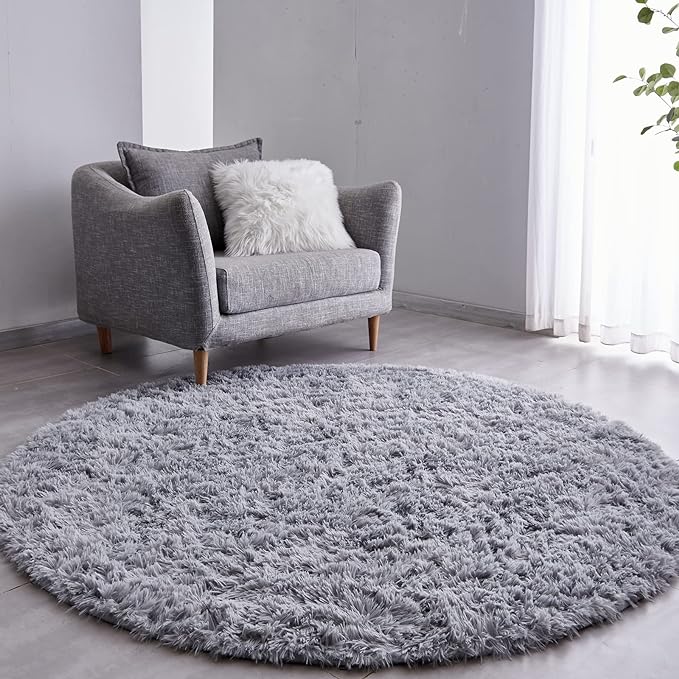FJZFING Grey Round Rug Ultra-Soft Plush Modern 4x4 Circle Area Rug for Kid's Bedroom, Fluffy Shag Circular Rug for Nursery Room, Non-Slip Home Decor Cute Grey Carpet for Teen's Room