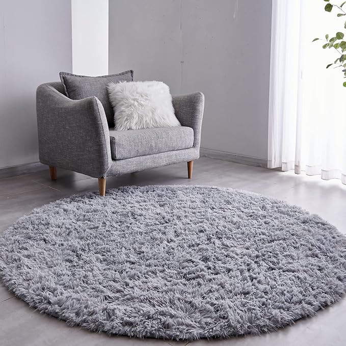 FJZFING Grey Round Rug Ultra-Soft Plush Modern 5x5 Circle Area Rug for Kid's Bedroom, Fluffy Shag Circular Rug for Nursery Room, Non-Slip Home Decor Cute Grey Carpet for Teen's Room