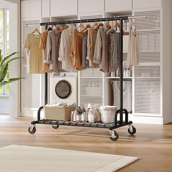 Raybee Clothes Rack Heavy Duty Load 530 LBS, Clothing Racks for Hanging Clothes, Rolling Clothing Rack, Extendable Adjustable Portable Clothes Rack, Metal Garment Rack, Black