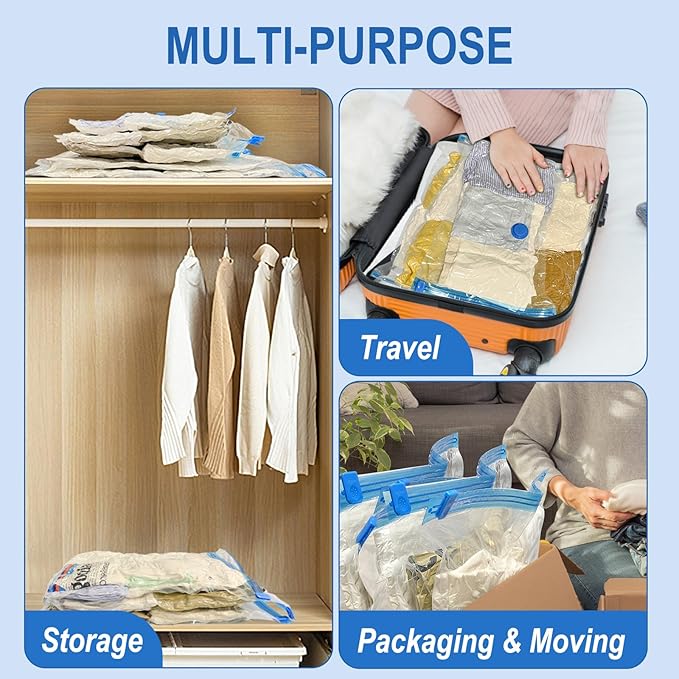 Vacuum Storage Bags with Hand Pump, Plastic Packaging Bags, 80% Space Saver Vacuum Seal Bags for Clothing, Travel Lugggage, Blankets, Comforters, 16 Combo