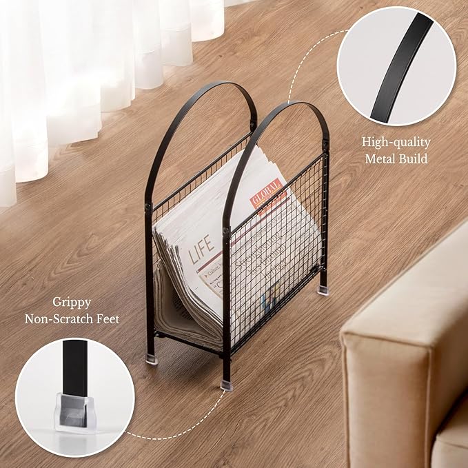 PUERSI Freestanding Magazine Holder – Modern Touch Handbag Design, Magazine Organizer Metal Rack for Books, Vinyl Record, Newspaper (Black)
