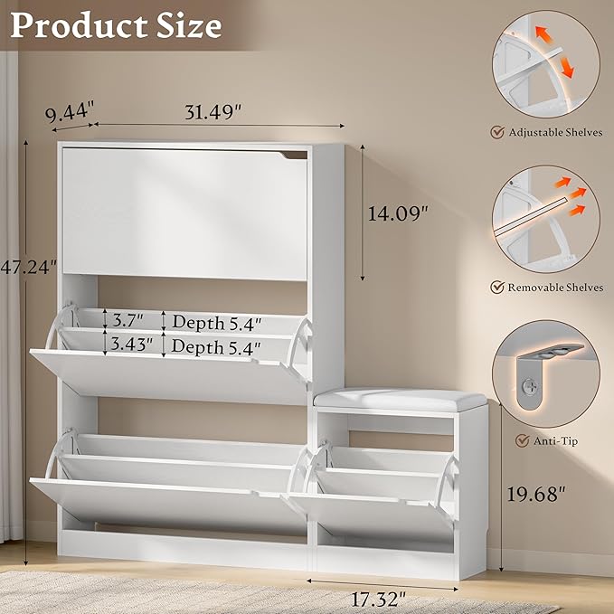 Shoe Cabinet with Bench and 3 Flip Drawers, Slim Narrow Shoe Storage Cabinet, Freestanding Shoe Rack Organizer with Adjustable & Removable Shelves, Anti-Tip for Entryway, Hallway, Foyer