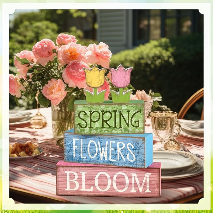 Moucuny 4 Pcs Spring Table Decor Wooden Tulip Spring Tiered Tray Decor Flowers Table Centerpiece Decorative Colorful Tulip Block Signs Gift Farmhouse Flowers Decoration for Home Kitchen Shelf