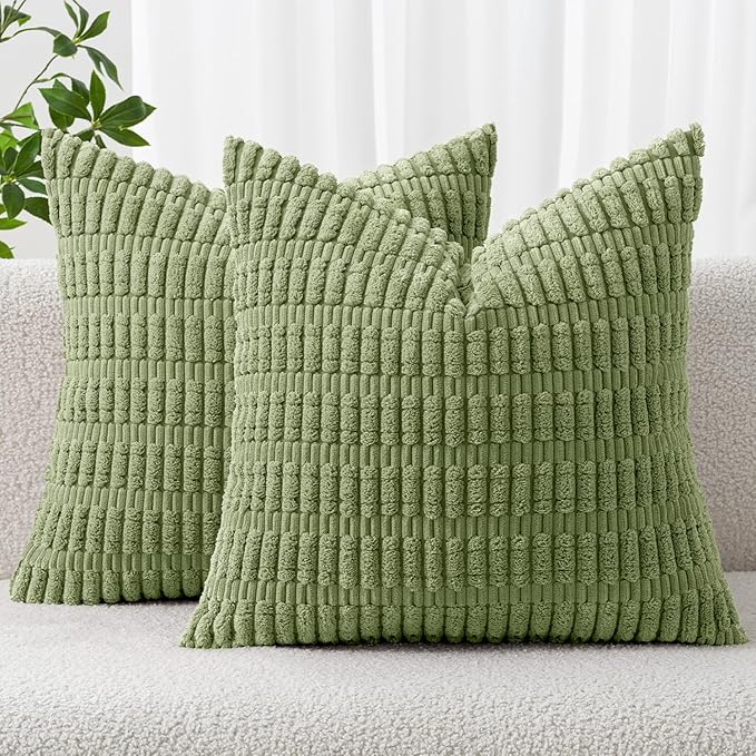 MIULEE Pack of 2 Spring Corduroy Decorative Throw Pillow Covers 12x12 Inch Soft Boho Striped Pillow Covers Modern Farmhouse Home Decor for Summer Sofa Living Room Couch Bed Sage Green