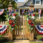 2 Pack 21'' Patriotic Teardrop Swag Wreaths Artificial 4th of July Red White Blue Floral Swag with Fern Leaves Peonies Roses for Independence Day Memorial Day Front Door Porch Cabinet Window Wall