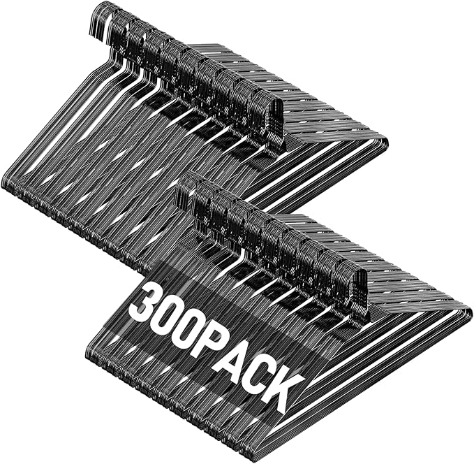 SPECILITE Wire Metal Clothes Hangers Bulk 300 Pack for Standard Size Suits, Coats, Shirts, Pants, Skirts, Space Saving, Non Slip,16 Inch 12 Gauge Ultra Thin, Black