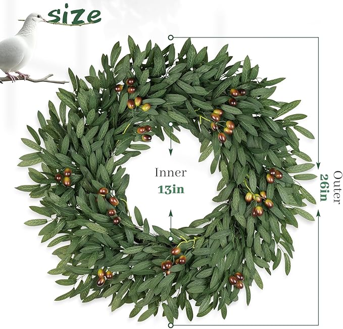 Olive Wreaths for Front Door 26 Inch, Artificial Waterproof Green Lush Olive Branch Wreath with Berry for Home Outdoor Indoor Farmhouse Window Spring Summer All Seasons Year Round