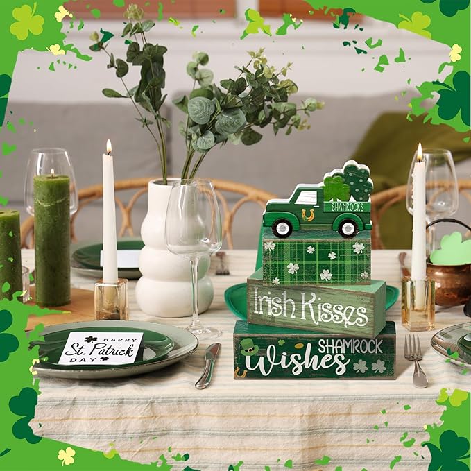 Lineshading 4 Pcs St. Patrick's Day Table Decoration Wooden Shamrocks Truck St Patrick's Day Tiered Tray Decor Irish Table Centerpiece for Saint Patty's Party Farmhouse Home Kitchen Decor