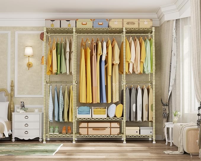 Ulif E3 Heavy Duty Garment Rack, 4 Tiers Freestanding Closet Organizer System with 5 Shelves, Metal Closet Organizer and Storage System for Clothes, Max Load 850lbs, 58.4" W x 15.7" D x 77.3" H, Gold