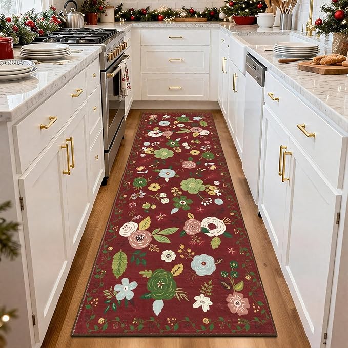 U'Artlines 2'x6' Red Christmas Runner Rug for Hallways Kitchen,Colorful Floral Soft Non Slip Washable Floor Carpet Runners for Entryway Laundry Room Bathroom (Red)