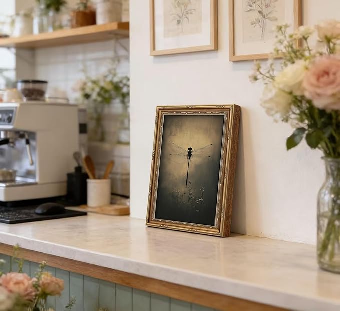 Vintage Gold Framed Wall Art Retro Dark Dragonfly Painting Canvas Prints Gothic Insect Picture Wall Decor Rustic Farmhouse Animal Poster Artwork for Living Room Bedroom Bathroom, 9x11in