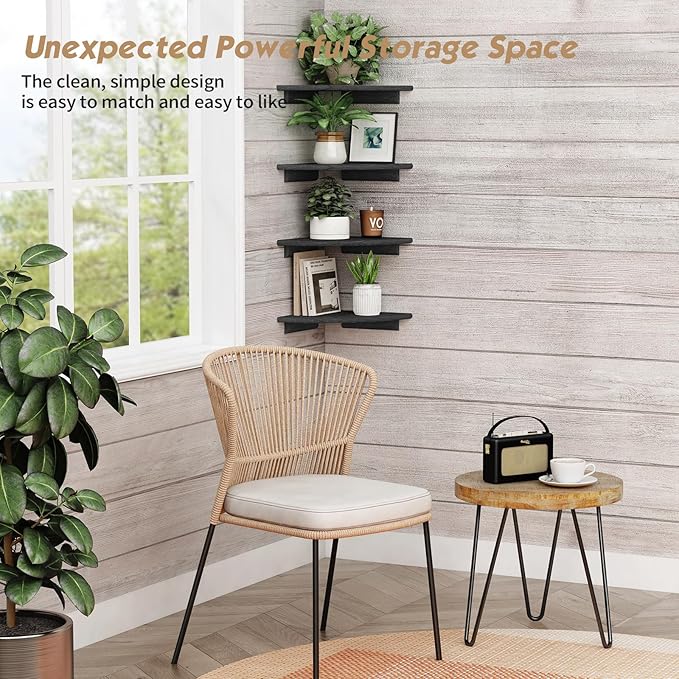 Forbena Black Floating Corner Bookshelf for Wall Set of 4, Large Corner Plant Shelves for Living Room, Rustic Rounded Hanging Bookshelves Wall Mounted for Bedroom Books, Kitchen, Closet, Office