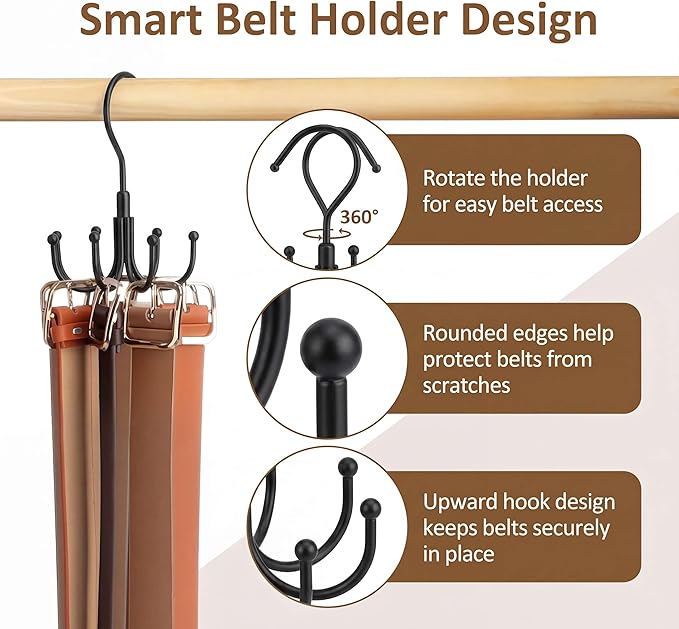 ZEDODIER 4 Pack Belt Organizer for Closet, Heavy-Duty Rotating Belt Hanger Rack Holds Multiple Belts, Hanging Space Saving Metal Belt Holder for Closet Storage, Black